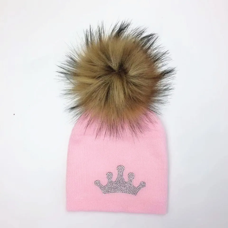 

children's hat cap baby infant toddler prince crown diamond embroidery raccoon Faux Fur pom pom beanie for girl and boys skull