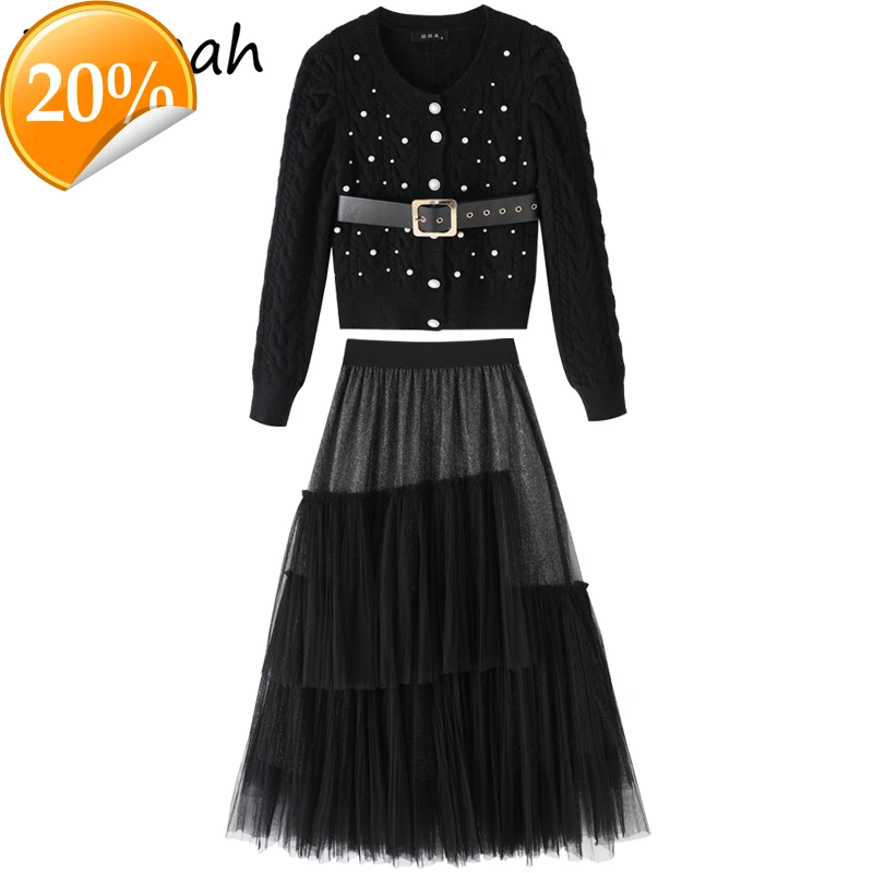 

Spring Women Fashion Designer Rock Set Long arm Pearls Pullover + High waist Mesh Midi skirts 2-piece suits