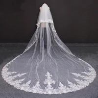 high quality long wedding veil with comb 2 layers 4 meters lace white ivory bridal veil with blusher luxury cover face veil