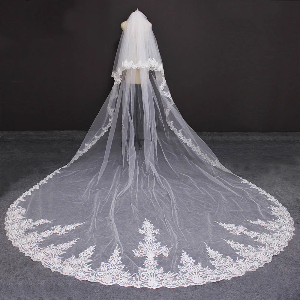 Высококачественная Длинная свадебная вуаль с расческой 2 слоя 4 метра Кружевной