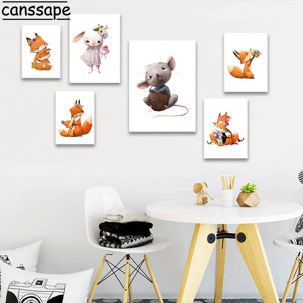 Картина на холсте с изображением мыши медведя кролика лисы постер для детской