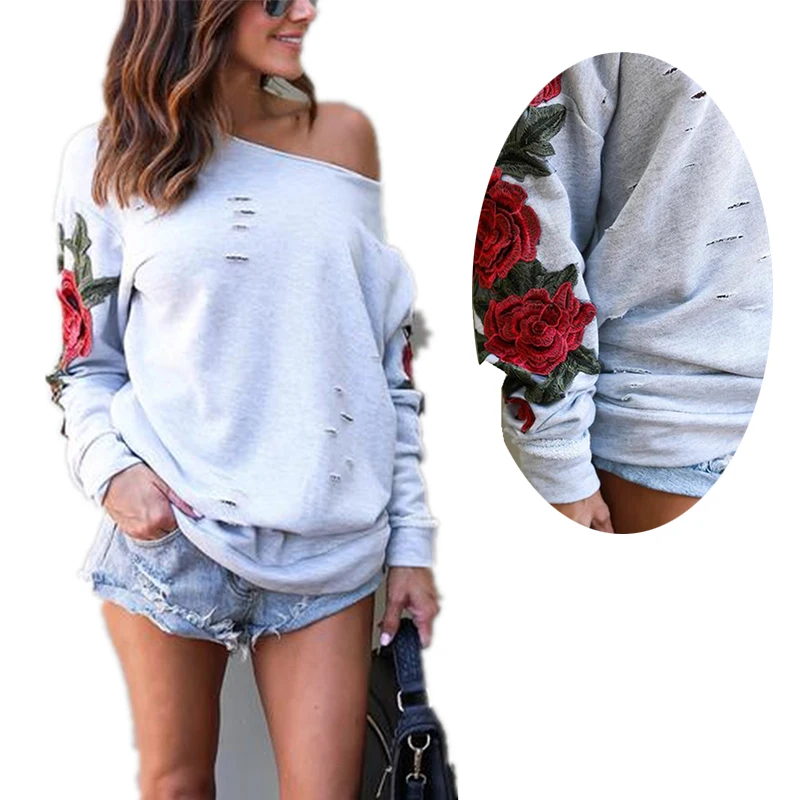 Женский свитер с круглым вырезом длинным рукавом и вышивкой роз весна лето
