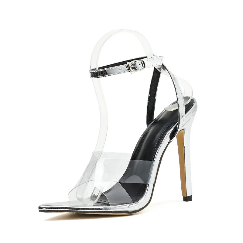 

Summer Sandals Women 2020 PVC Transparent strap open toe ladies shoes sexy thin high heel ankle strap party pumps silver