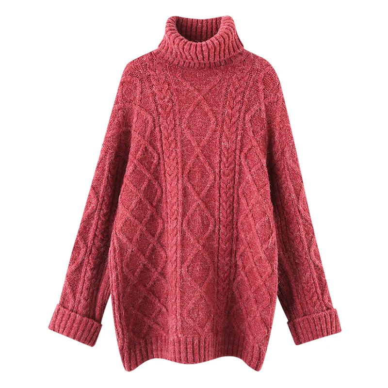 

Turtleneck Knitted Women Sweater Pullovers Winter New Solid Loose Thicken Fleece Casual All Match Female Pulls Outwear Coats Top