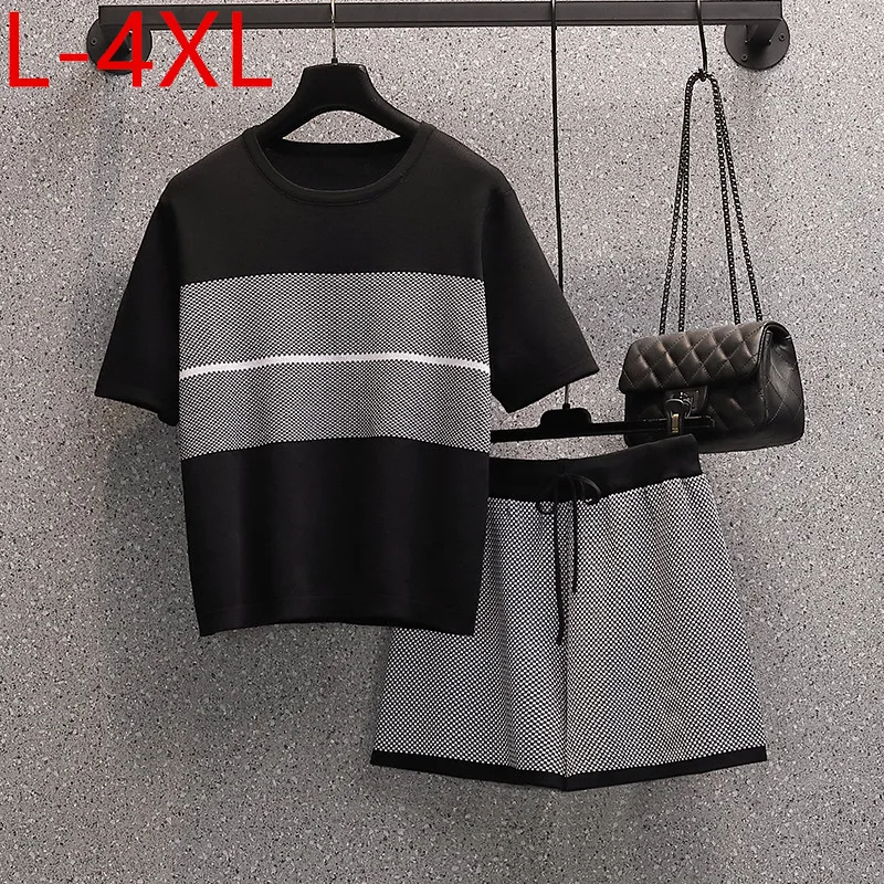 

Summer Plus Size Outfits For Women Knitting Striped Tops + Elastic Waist Wide Leg Drawstring Shorts Female Sets L XL 2XL 3XL 4XL