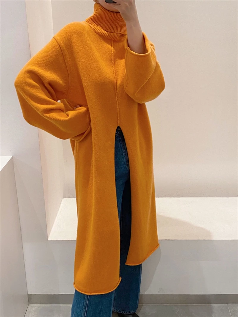 

Loose Design Split Mid-length Knitted Dress Korean Chic Turtleneck Warm Pullovers Solid Color All-match Sweaters Women