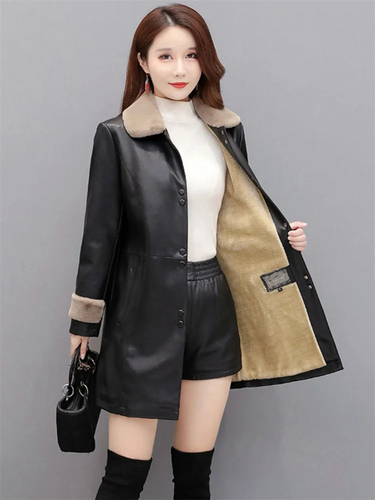 Faux Leather Coat Women 2022 Autumn Winter New Fashion Plus Velvet Thick Warmth Leather Jacket Clothing Female Long Sleeve Red enlarge