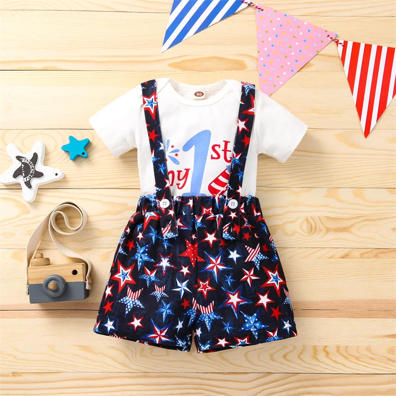 

2021 Fashion Baby Kids 2pcs Clothes Sets Casual White Letter Round Collar Short Sleeve Tops and Suspender Short Trousers