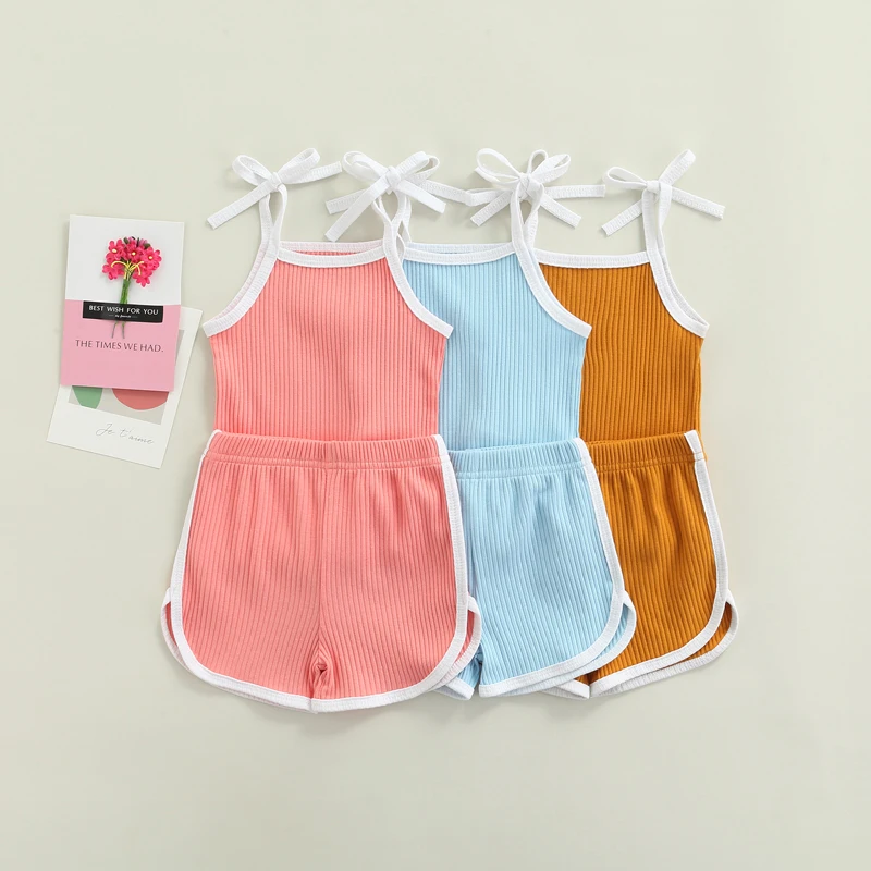 

0-3Y Casual Newborn Baby Girl Solid Color Sleeveless Strap Camis Tops Shorts Pant Bottom 2PCS Outfits Summer Clothes Set