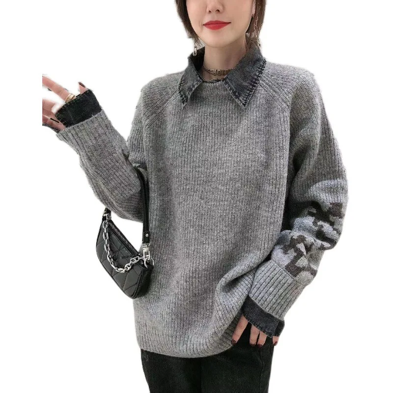 

Stitching Outside Lapel Sweater Long Sleeve Women Wear Cowboy Sweater Autumn Winter Wind