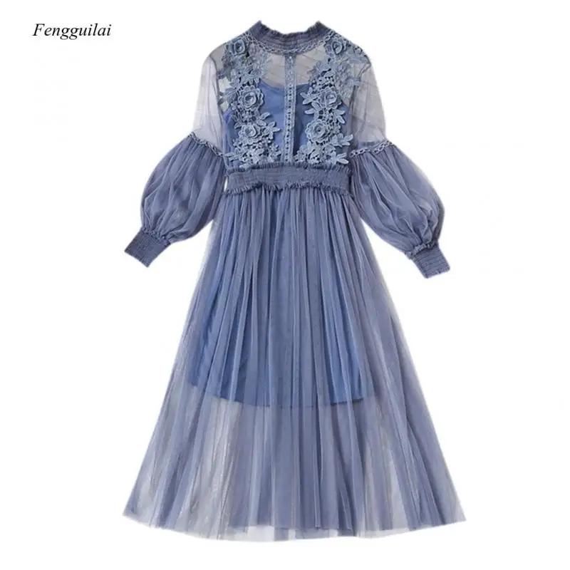 

Women Flower Embroidered Lantern Sleeve Button Two-Piece Elegant Casual Lace Party Spring Dress 2021