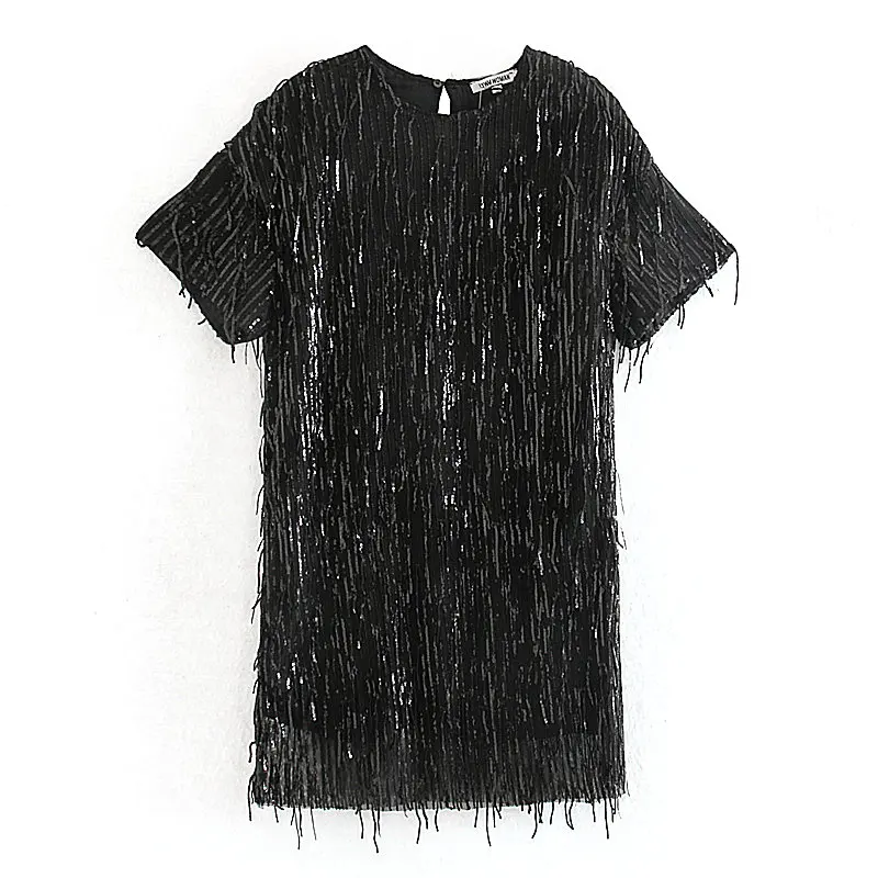 

Steampunk Sequin Detail Black Tunic Short Dress Women Keyhole Back Short Sleeve Round Neck Straight Loose Casual Tassel Dresses