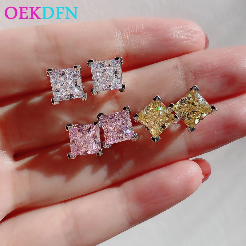 

OEKDFN Real 925 Sterling Silver Stud Earrings Citrine Created Moissanite Gemstone Wedding Engagement Luxury Ear Studs Jewelry