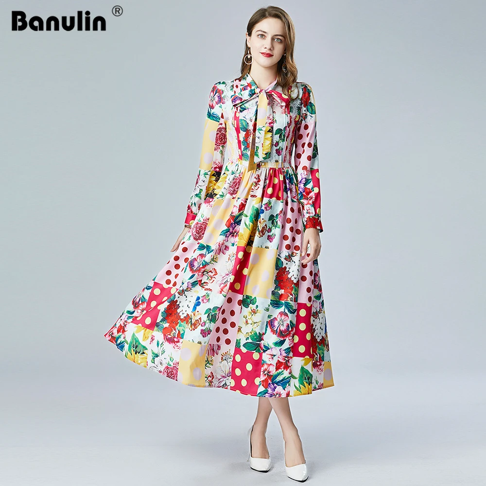 

Banulin 2021 весеннее модное дизайнерское элегантное платье для женщин с длинным рукавом роскошное кружевное лоскутное винтажное платье миди с ...