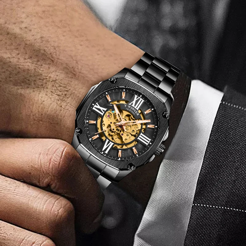 Top Brand WINNER Men Automatic Watch Black Golden Hollow Skeleton Stainless Steel Male Business Mechanical Clock Dropship | Наручные часы