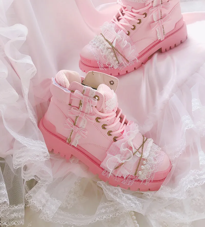 

Sweet pink Lolita thick-bottom high-heel Martin boots sweet college student style girl casual shoes short boots straps cosplay