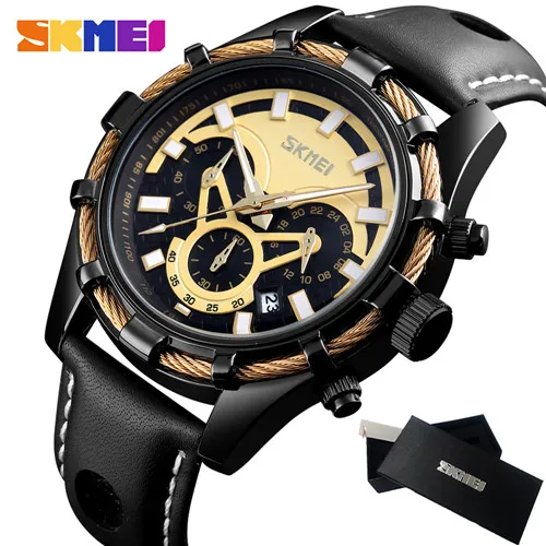 Black watch SKMEI лучший бренд Роскошные мужские часы спортивные секундомер Кварцевые водонепроницаемые наручные часы модные кожаные часы с ремешком Relogio Masculino - Цвет: Black watch