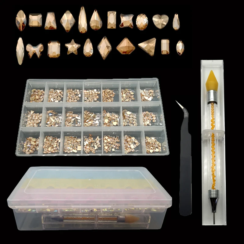 

Wholesale Bulk Multi Shape Rhinestones Set With Tweezers Kit Super Shinny Black Glass Stones For Nails Art Decoration