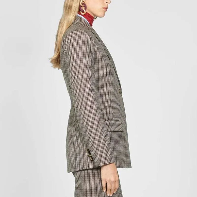 Женский клетчатый Повседневный модный приталенный костюм с длинными рукавами и