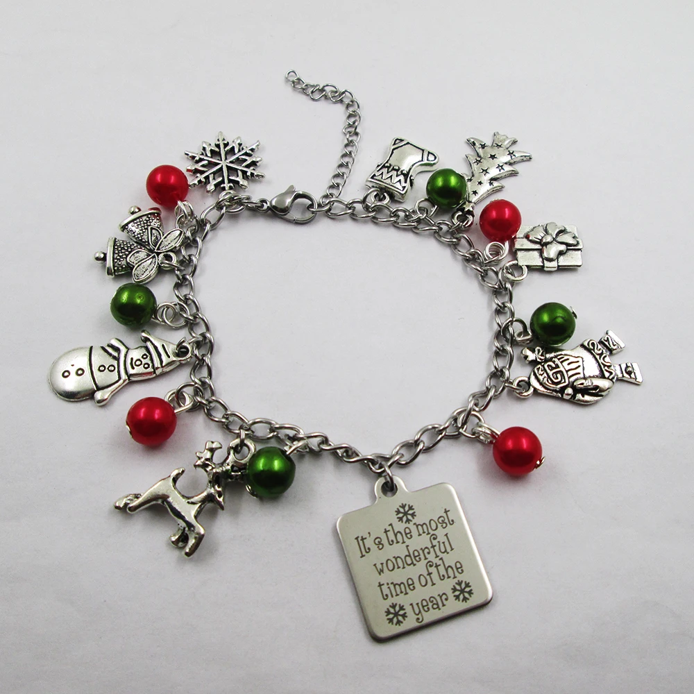 

It's the most wonderful time of the year christmas theme leather stainless steel chain bracelets gift presents