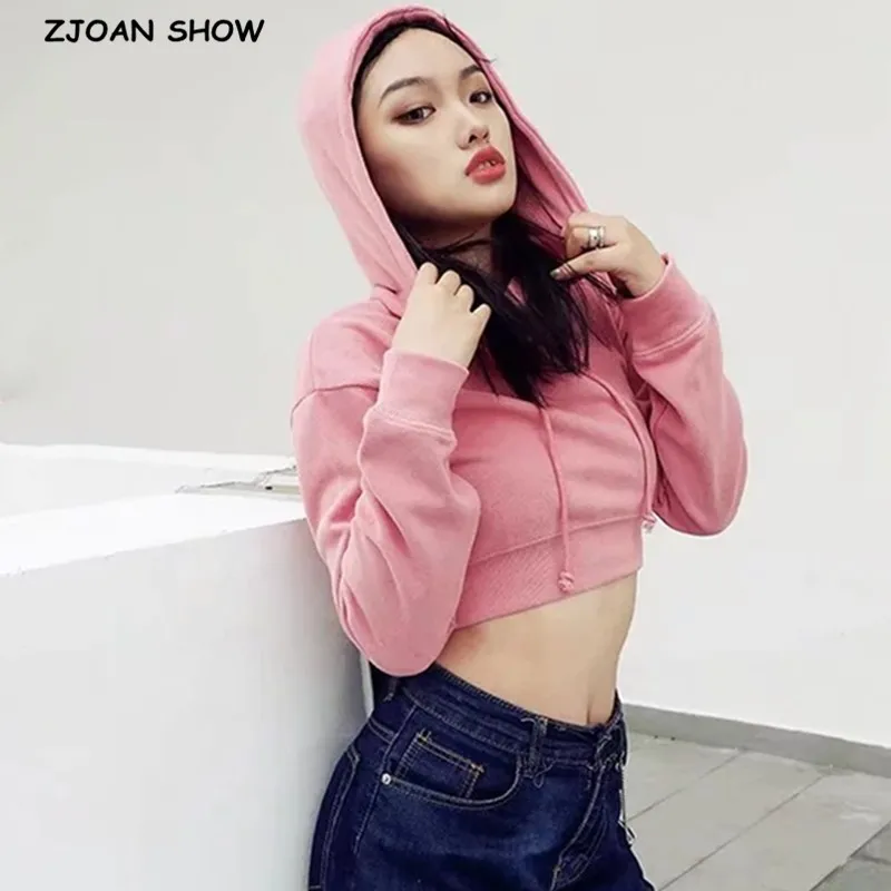 

Autumn Harajuku Long Sleeve Adjust Rope Hoodies Cropped Hooded Sweatshirt Women High Waist Hoodies Casual Jumper Short Sweats