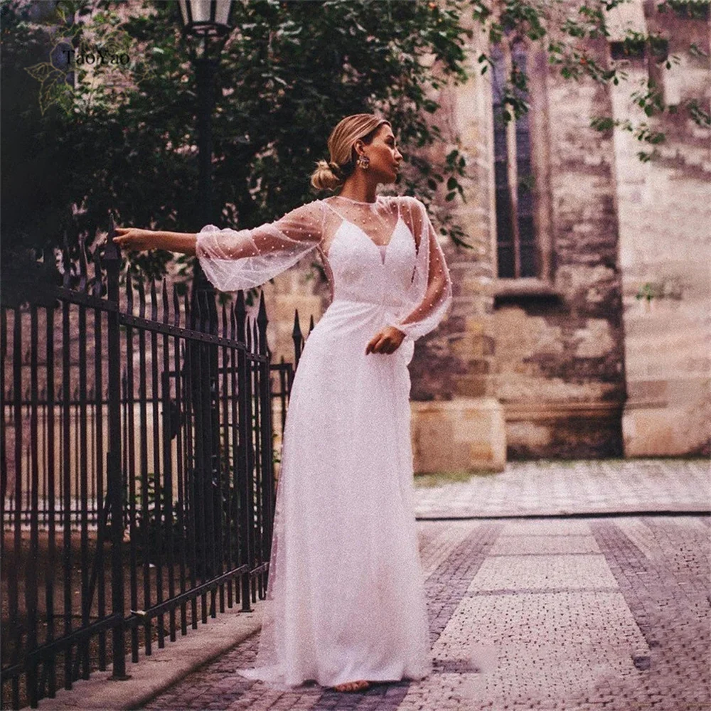 

Exquisite A-line Wedding Dress with Long Puff Sleeve O-neck Open Back Pearl Bridal Gown Marriage Dress Vestidos De Novia