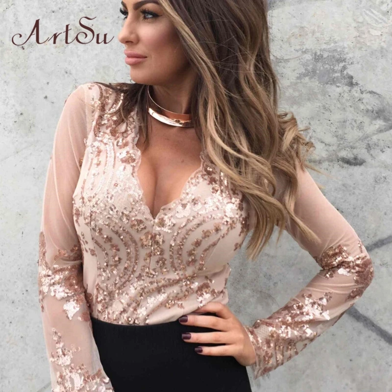 Боди с длинным рукавом Artsu Осенний сетчатый прозрачный комбинезон золотыми