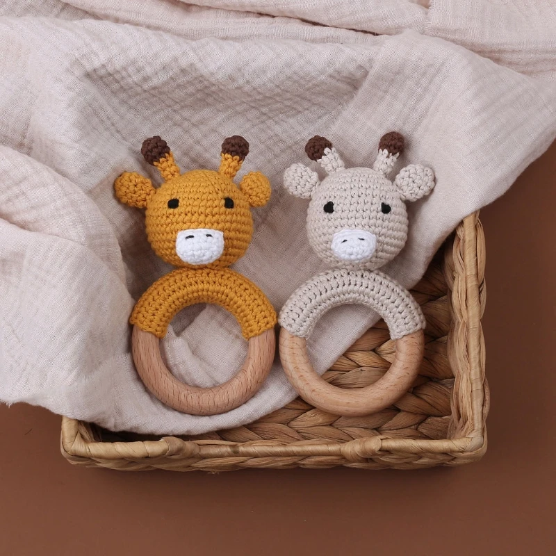 

Baby Teether Cartton Animal Crochet Wooden Teething Rings DIY Teething Rattle 24BE