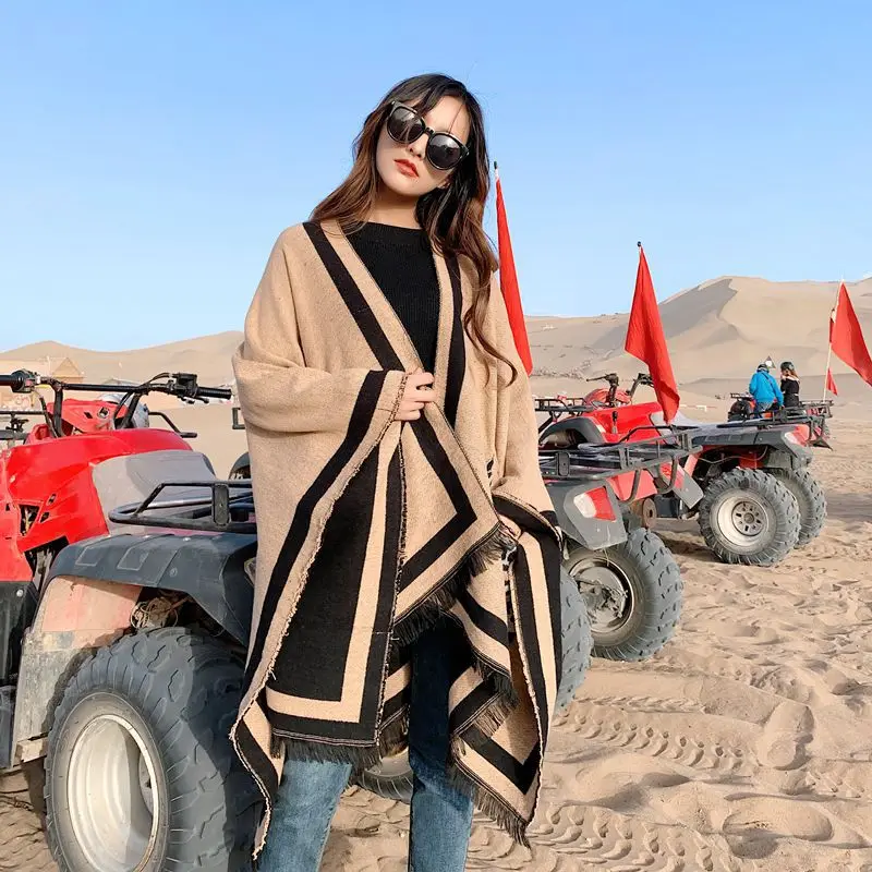 Модное женское леопардовое кашемировый шарф с принтом карманом зимнее пончо