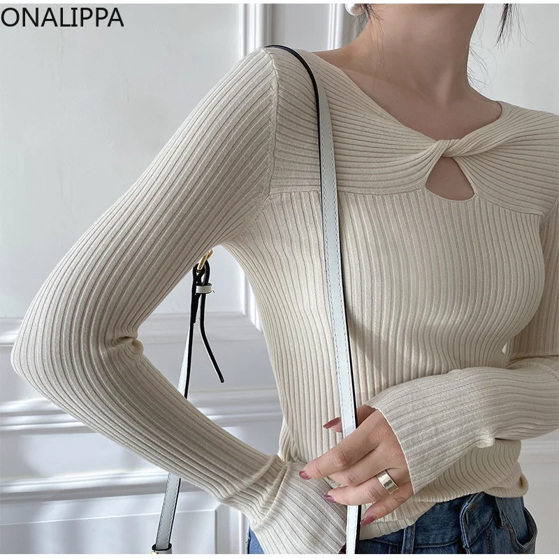 

ONALIPPA Solid Color Sweater 2021 Autumn Female Korea All-Match Design Sense Twisted Hollow Slimming V-neck Sexy Knitted Sweater