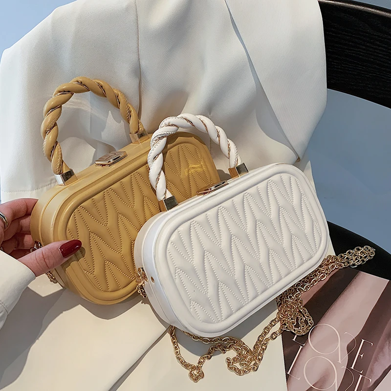 

Rope Handle Pu Leather Small Box Crossbody Bags for Women 2021 Travel Fashion Simple Chain Shoulder Handbag and Purse