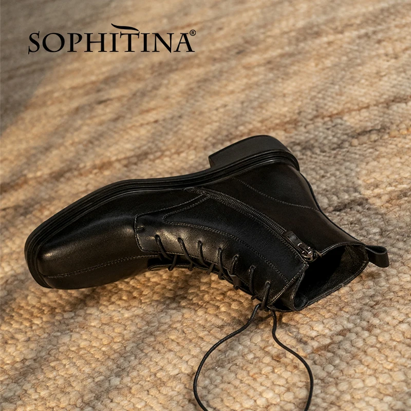 Harga Sepatu Bot Pergelangan Kaki Wanita SOPHITINA Sepatu Bot Kulit Asli Tren Sepeda Motor Sepatu Fashion Platform Simpul Silang Ujung Kotak YO106