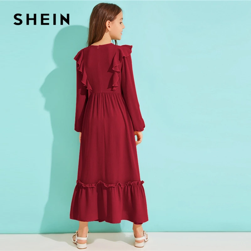 SHEIN Kiddie/однотонное платье с оборками на подоле для девочек с поясом; коллекция года; сезон осень; милые детские макси платья с высокой талией на молнии сзади