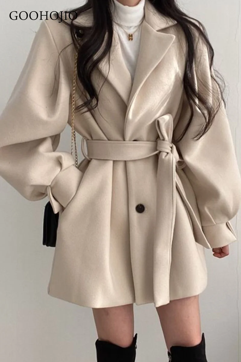 

GOOHOJIO Winter Women Wool Coat Long Sleeve Single Breasted Fashion Turn Down Female Blends Causal Loose Winter Outwear 2021