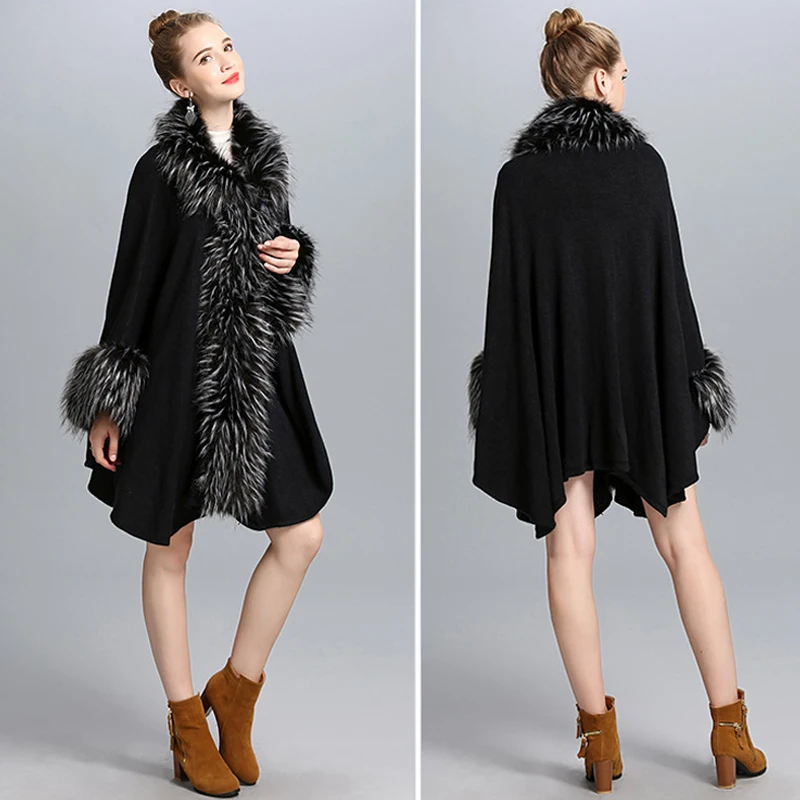 Fashion Luxury Lapel Faux Ostrich Fur Coat Cape Long Women Knit Cashmere Cloak Shawl Cardigan EuropeStyle Fall Winter New | Женская
