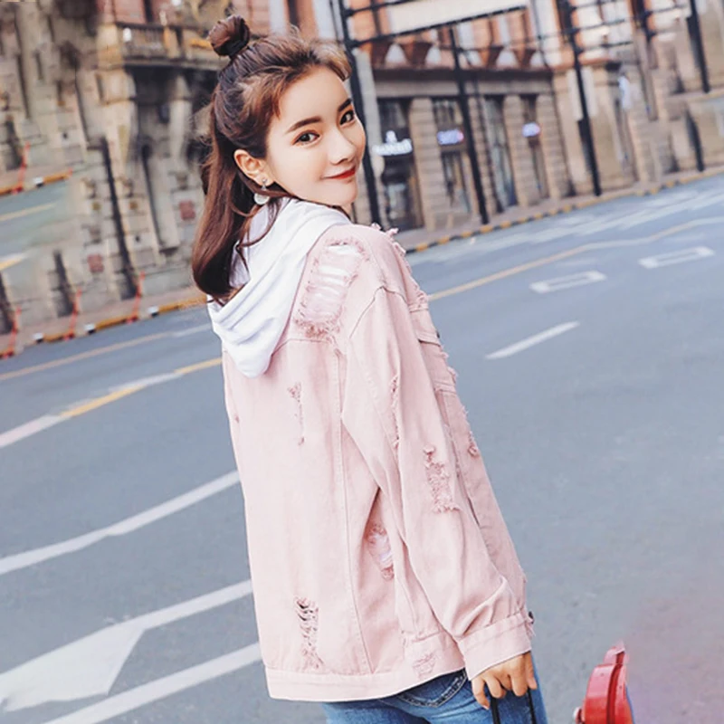 Женская джинсовая куртка CHICEVER розовая свободная однобортная с отложным