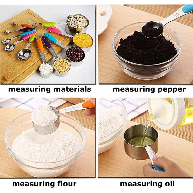 Набор из 10 мерных стаканчиков и ложек нержавеющей стали со шкалой красочные