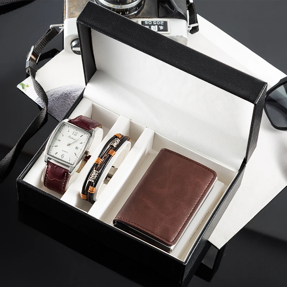 Новый дизайн 3 шт./компл. часы подарочный набор для мужчин модный браслет + сумка