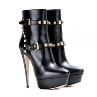 richealnana womens platform black matte rivet ankle booties thin high heel metal plates buckle big size bootes