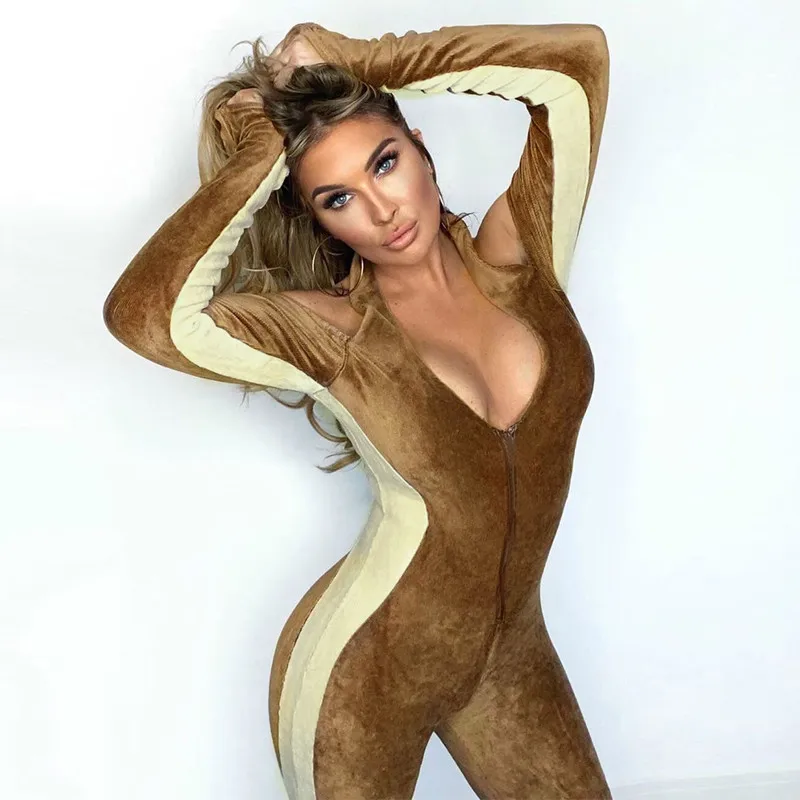 

New Style Backless Rompers Overalls Women Skinny Sexy Patchwork V Neck Long Sleeve Ribbed Jumpsuits Autumn Spring Bodysuit 2021