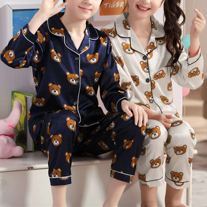 

Casual Bear Printed Lapel Children's Pajamas Long Sleeve Turndown Collar Button Ice Silk Home Wear For Girsl Boys