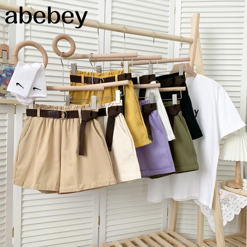 

2021 New Summer Korean fashion solid Shorts elastic waist loose casual Shorts wide leg Shorts with belt