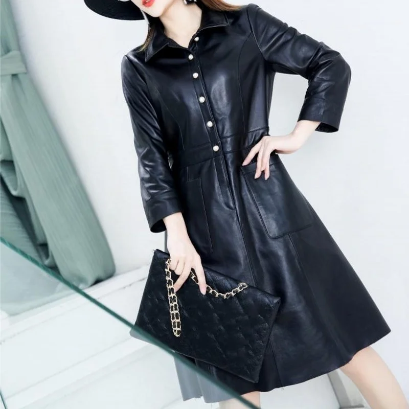 

Genuine leather slim dress for women, korean style office stylish gown for women with turtlenecks facing down pockets of