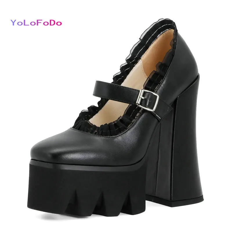 

2021 Spring Autumn Women High Heel Platform Super Square High Heel Women Pumps PU Leather Buckle Woman's Shoes Black White