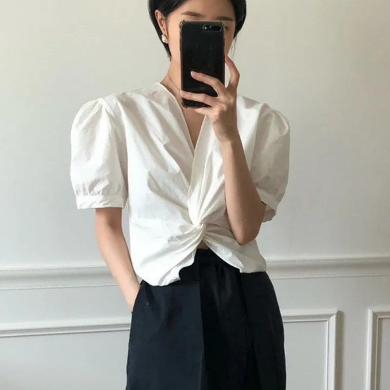 

V Neck Tie Design Short Sleeve Blouse Womem Work Style Ol Solid Slim Blusas Summer 2021 New Simple Shirt Feminino