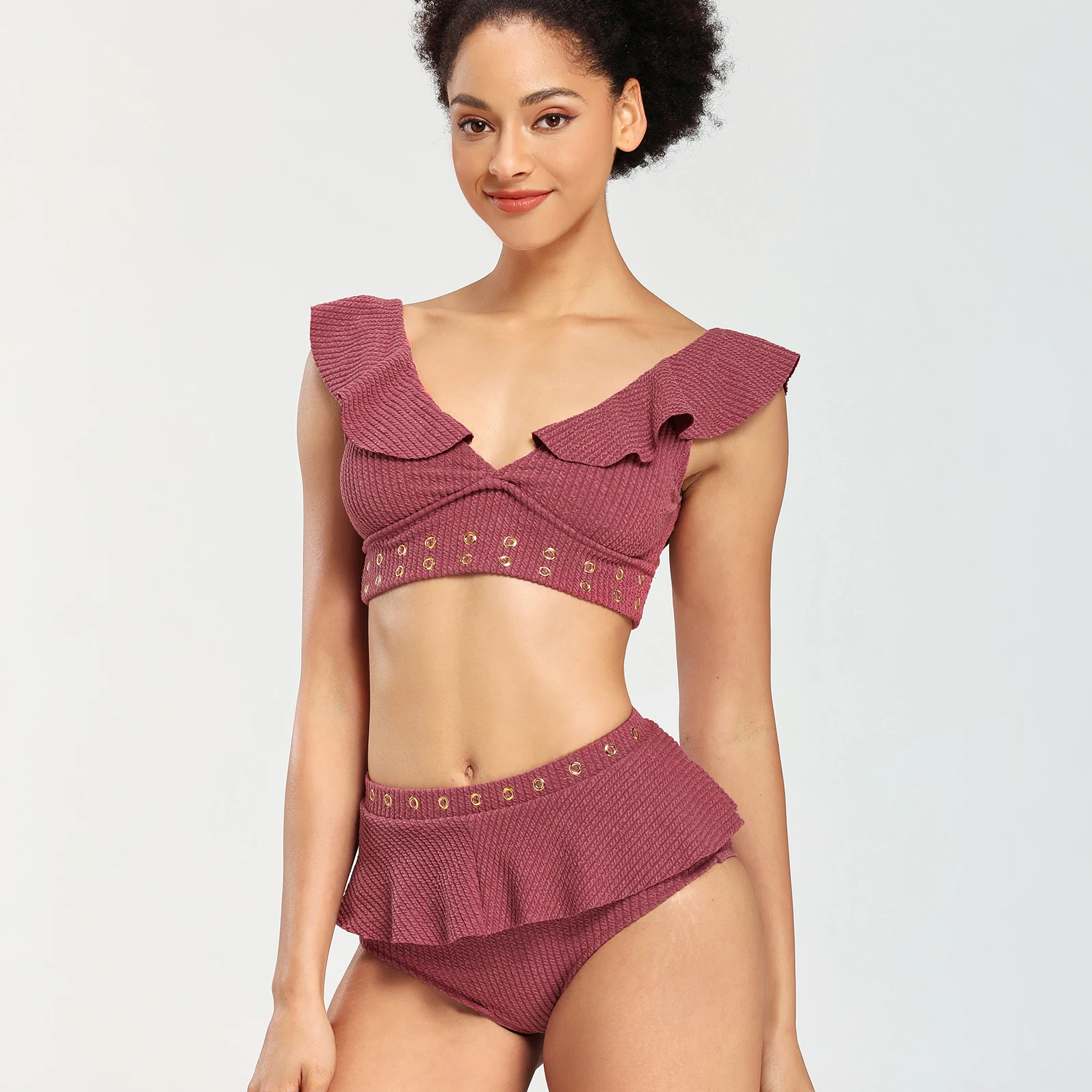 

Женский купальник бикини с рюшами, пикантный бразильский купальник в рубчик, в стиле ретро, с завышенной талией, пляжная одежда, комплект би...