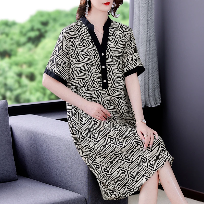 

Summer Vintage Print Mulberry Silk Casual Midi Dress 2021 Loose L-4XL Plus Size Chiffon Dress Elegant Women Slim Party Vestidos