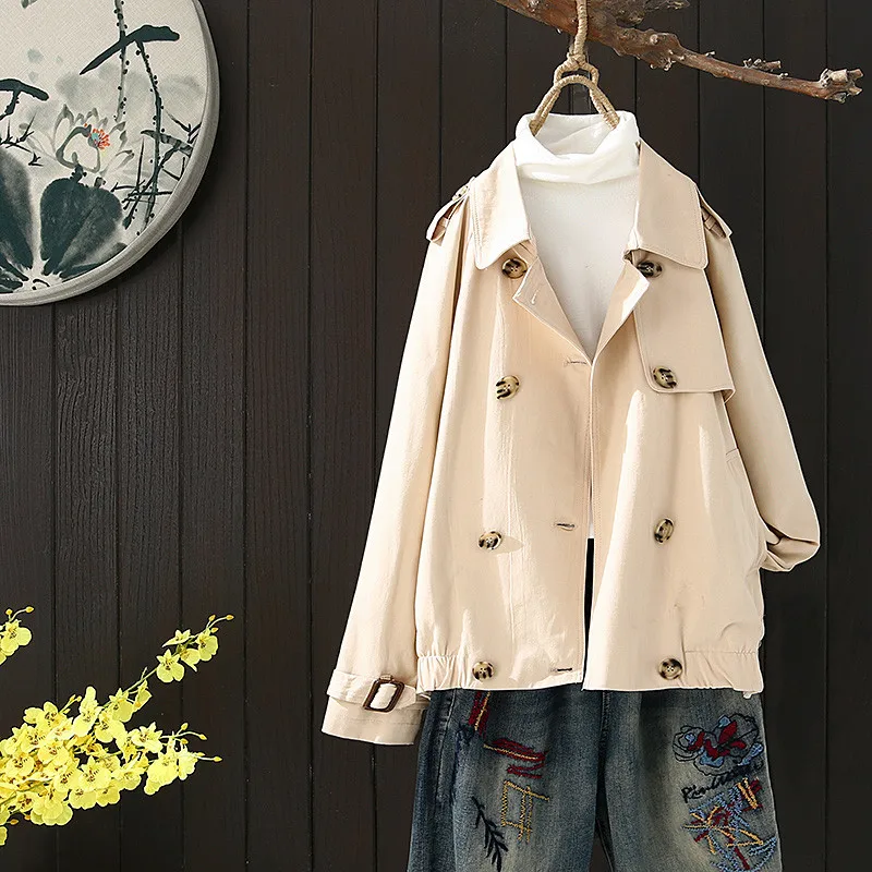 

Short Trench Coat For Women Casual Double Breasted Vintage Women Beige Overcoat Manteau Trench Womens Duster Coats Loose HH50FY