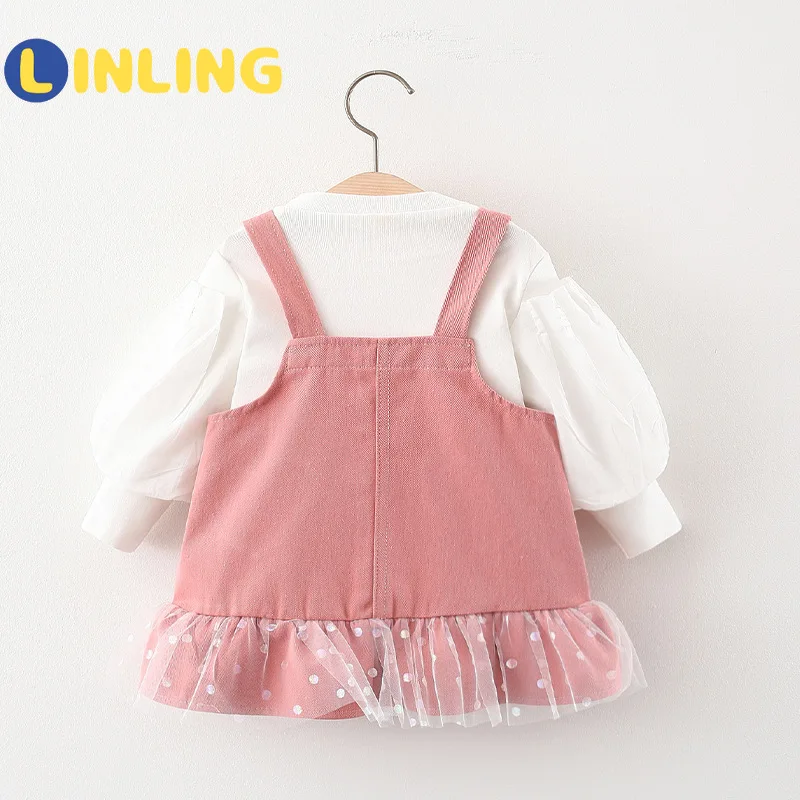 

LINLING 2021 Spring Girl Child Set Cotton Bishop Sleeve Long T-shirt White Solid Color Casual Fashion Girls Outfits 2PCS P824