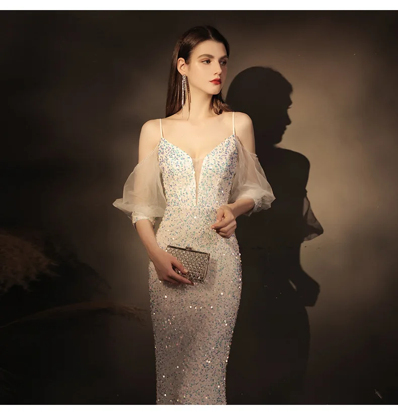 

sequined fishtail wedding dress long cultivate one's morality toast appreciation banquet host evening dress female